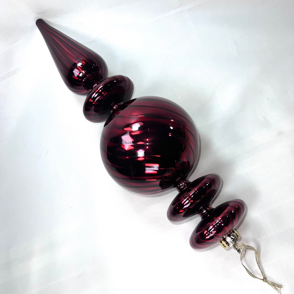 15" Vtg Large Art Glass Red Swirl Finial Christmas Ornament Spiral Globe Spire